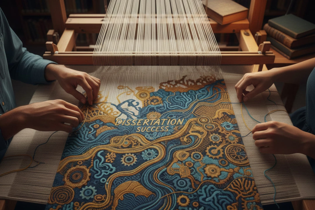 Hands weaving colorful threads on loom showing interconnected pattern representing literature review synthesis for PhD dissertation students