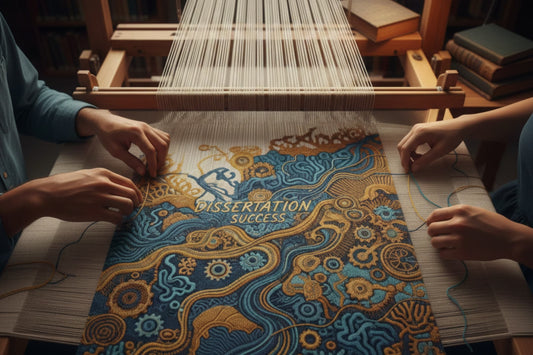 Hands weaving colorful threads on loom showing interconnected pattern representing literature review synthesis for PhD dissertation students