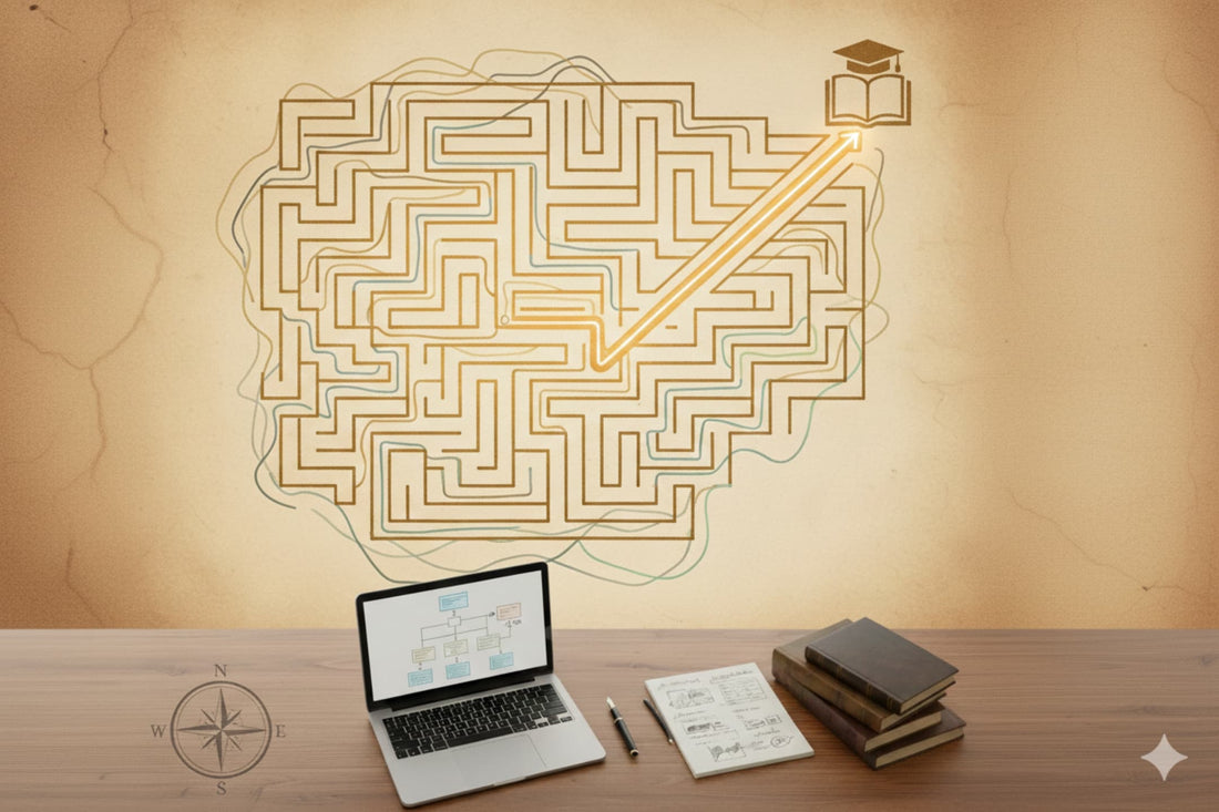 Strategic roadmap showing clear path through PhD literature review with highlighted direction toward research gap