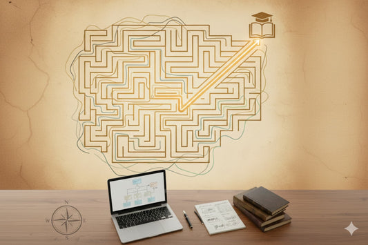 Strategic roadmap showing clear path through PhD literature review with highlighted direction toward research gap